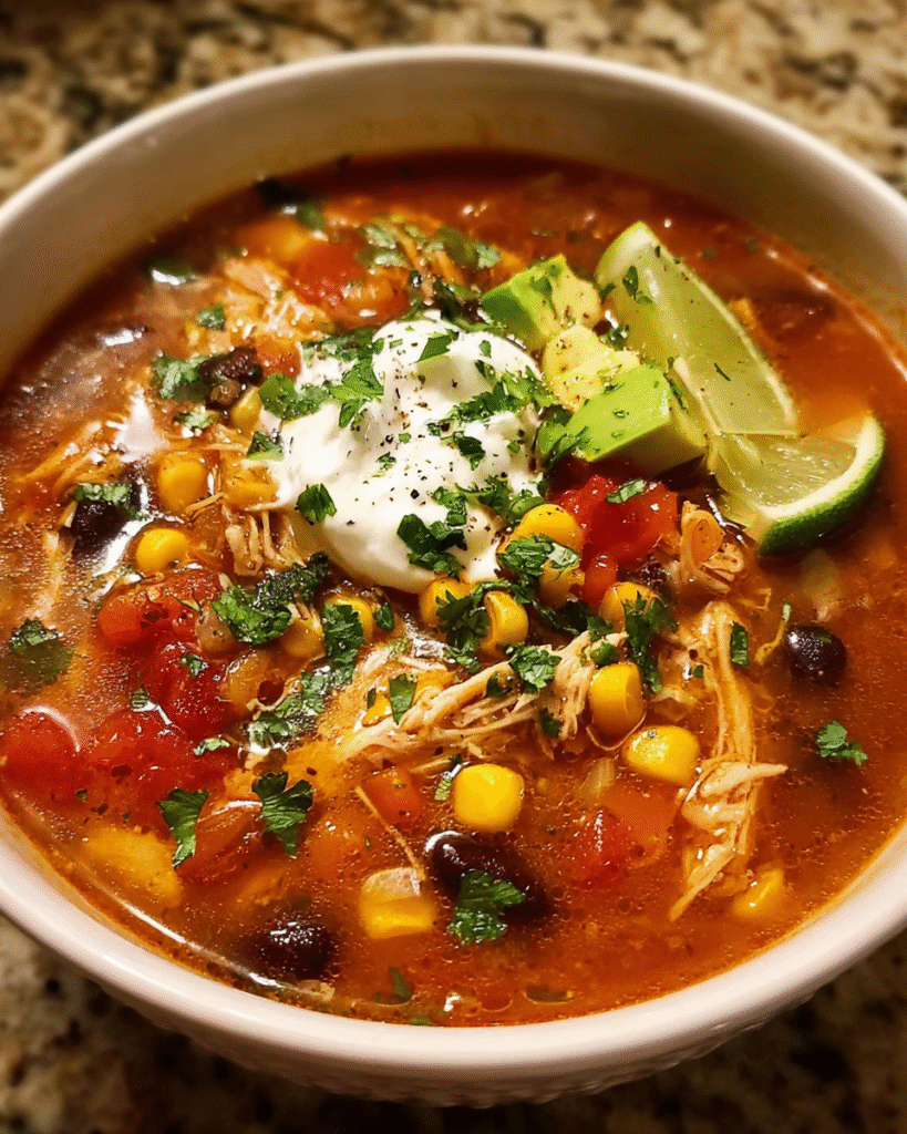 slow cooker Mexican chicken soup topped with avocado and cilantro