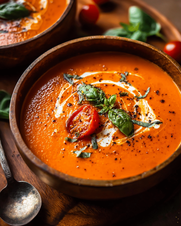Bowl of smoky roasted tomato soup with basil and cream