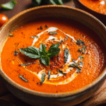Bowl of smoky roasted tomato soup with basil and cream