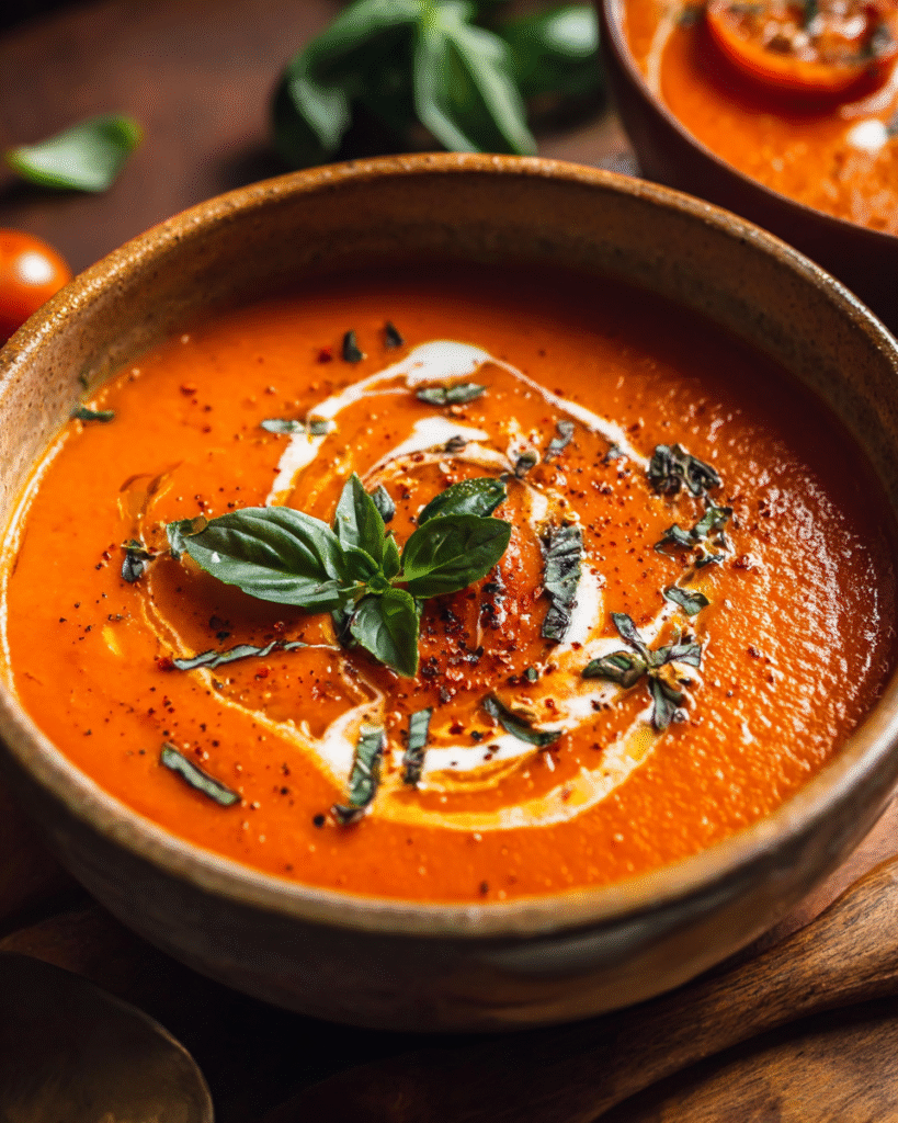 Bowl of smoky roasted tomato soup with basil and cream