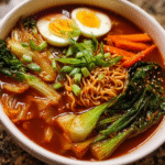 Spicy Korean Noodle Soup served hot with toppings