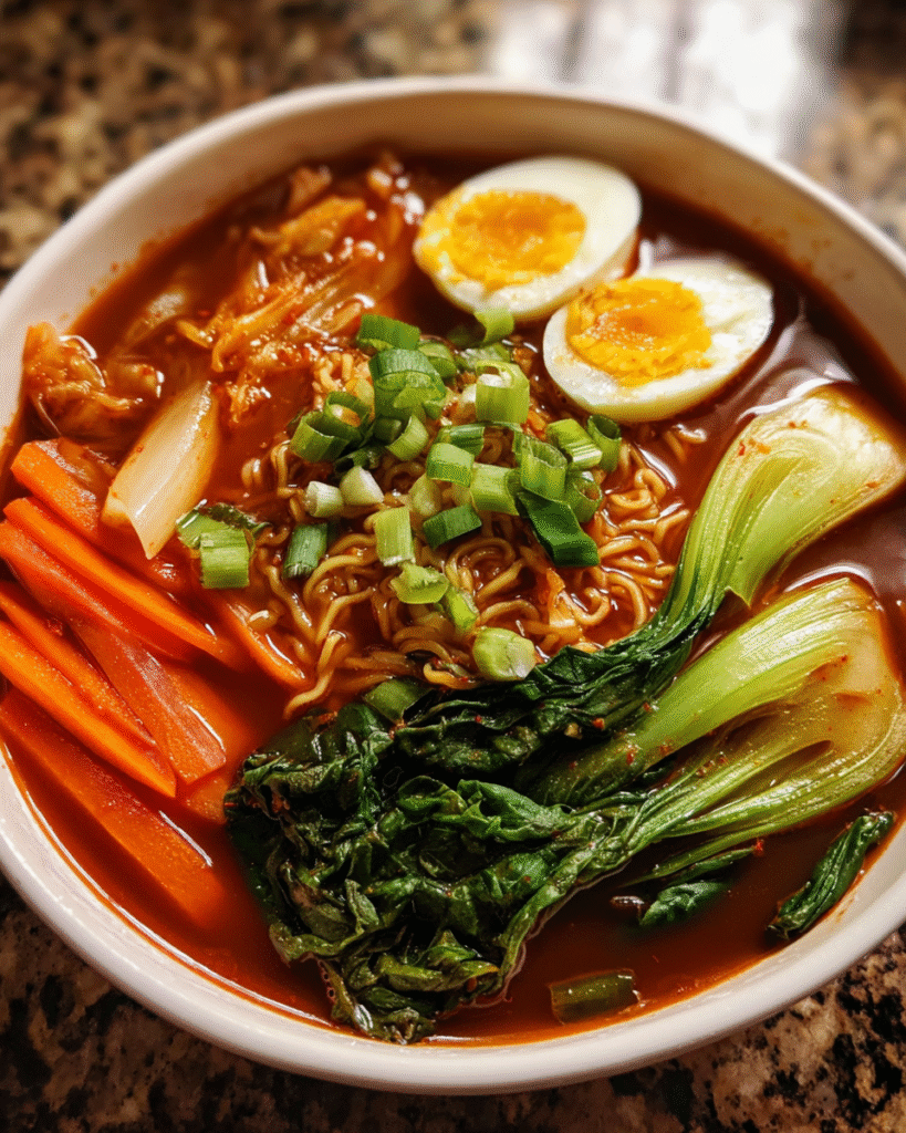 Spicy Korean Noodle Soup served hot with toppings