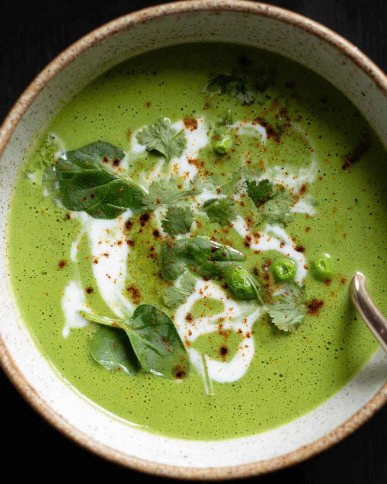 Creamy spinach and pea soup in a bowl with garnish