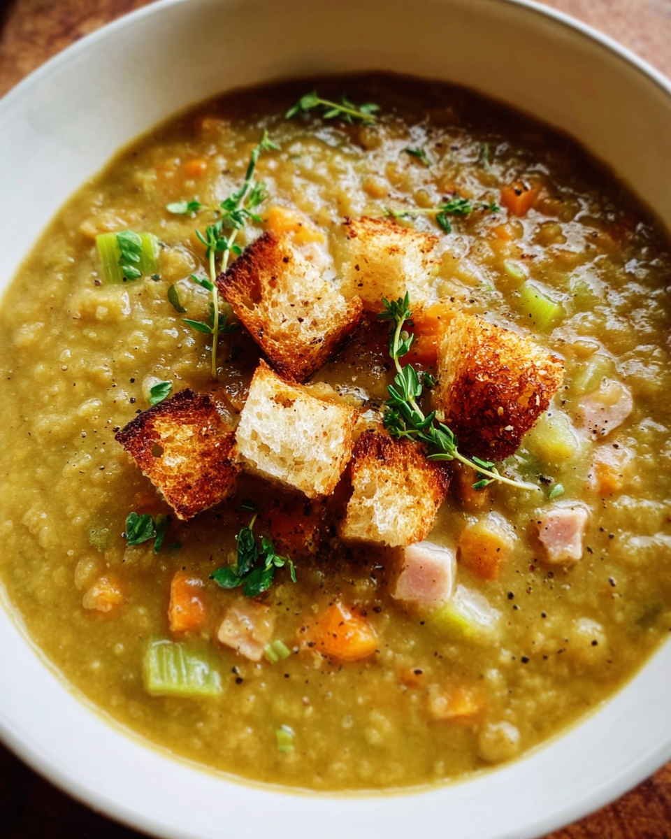 Split Pea Soup with Ham in a bowl with garlic croutons