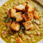 Split Pea Soup with Ham in a bowl with garlic croutons