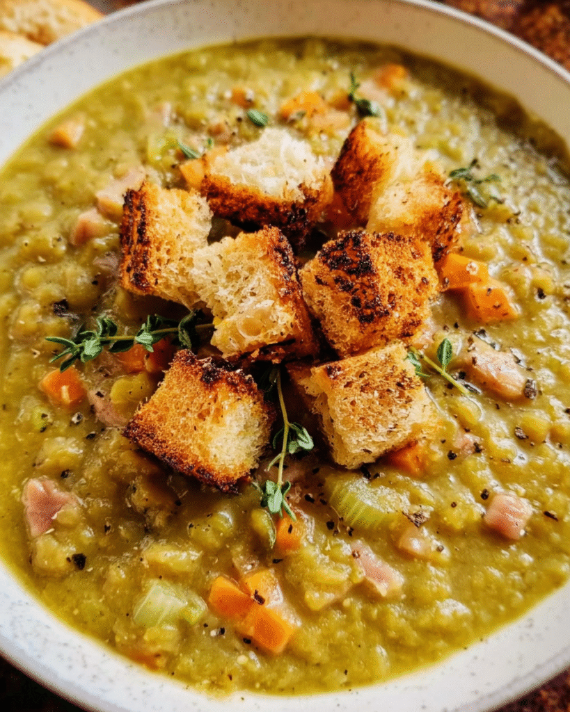 Split Pea Soup with Ham in a bowl with garlic croutons