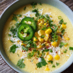 Bowl of creamy sweet corn chowder made with coconut milk and fresh toppings