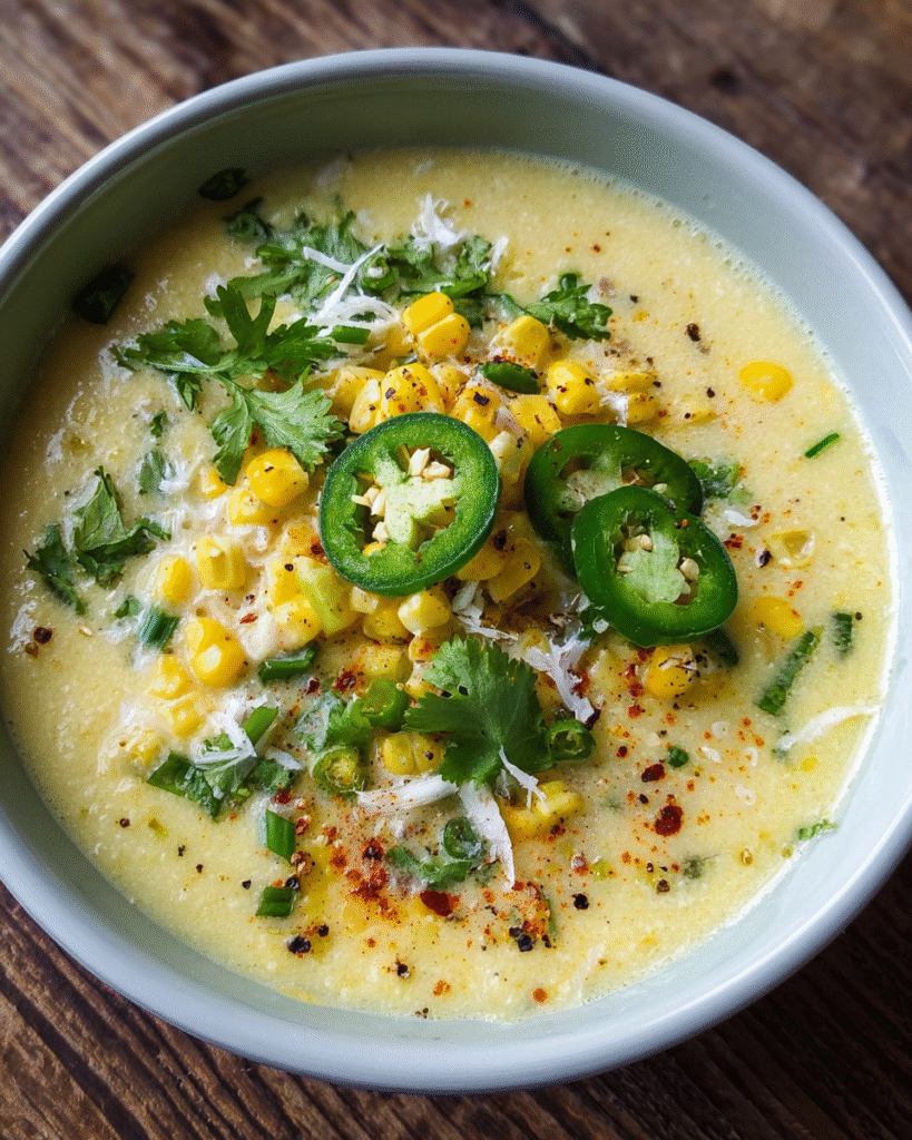 Bowl of creamy sweet corn chowder made with coconut milk and fresh toppings