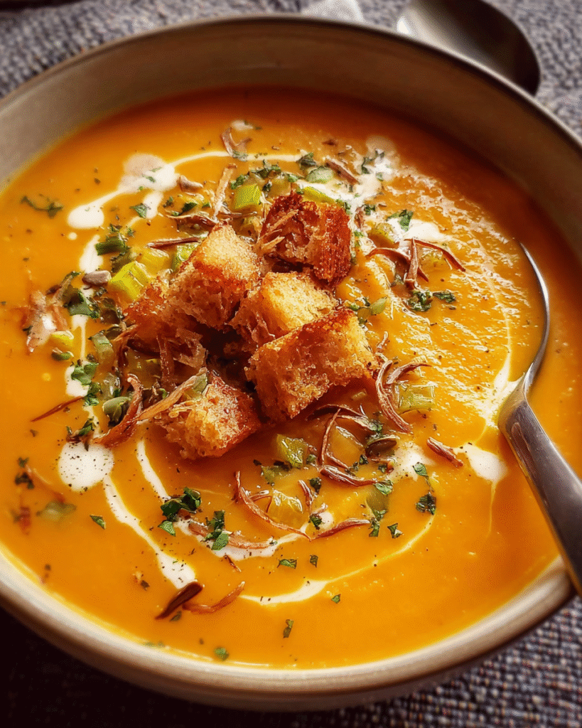 Creamy sweet potato soup with garnishes