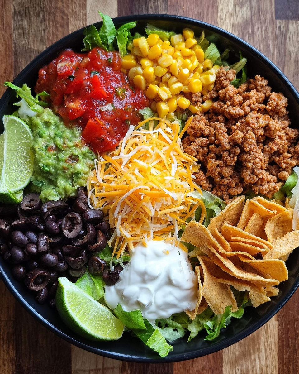 Taco salad meal prep in glass containers with fresh ingredients