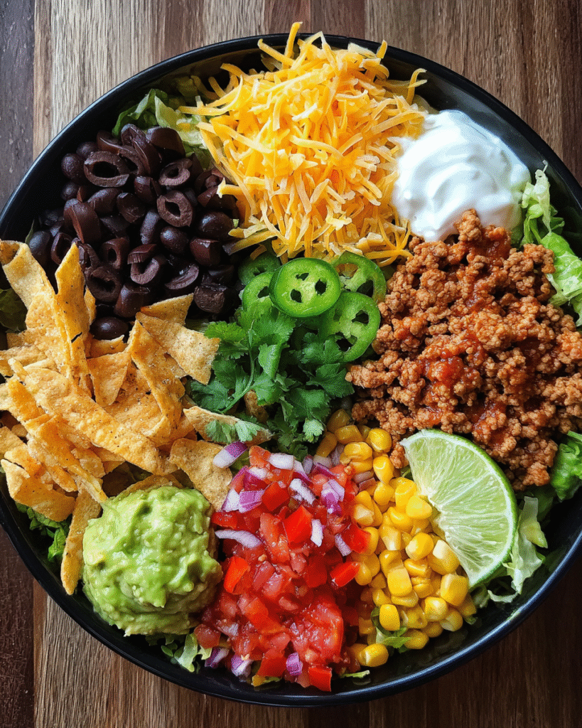 Taco salad meal prep in glass containers with fresh ingredients