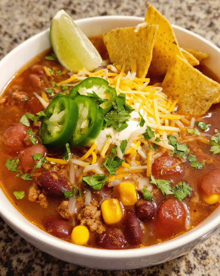 Hearty taco soup with toppings in rustic bowl