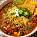 Hearty taco soup with toppings in rustic bowl