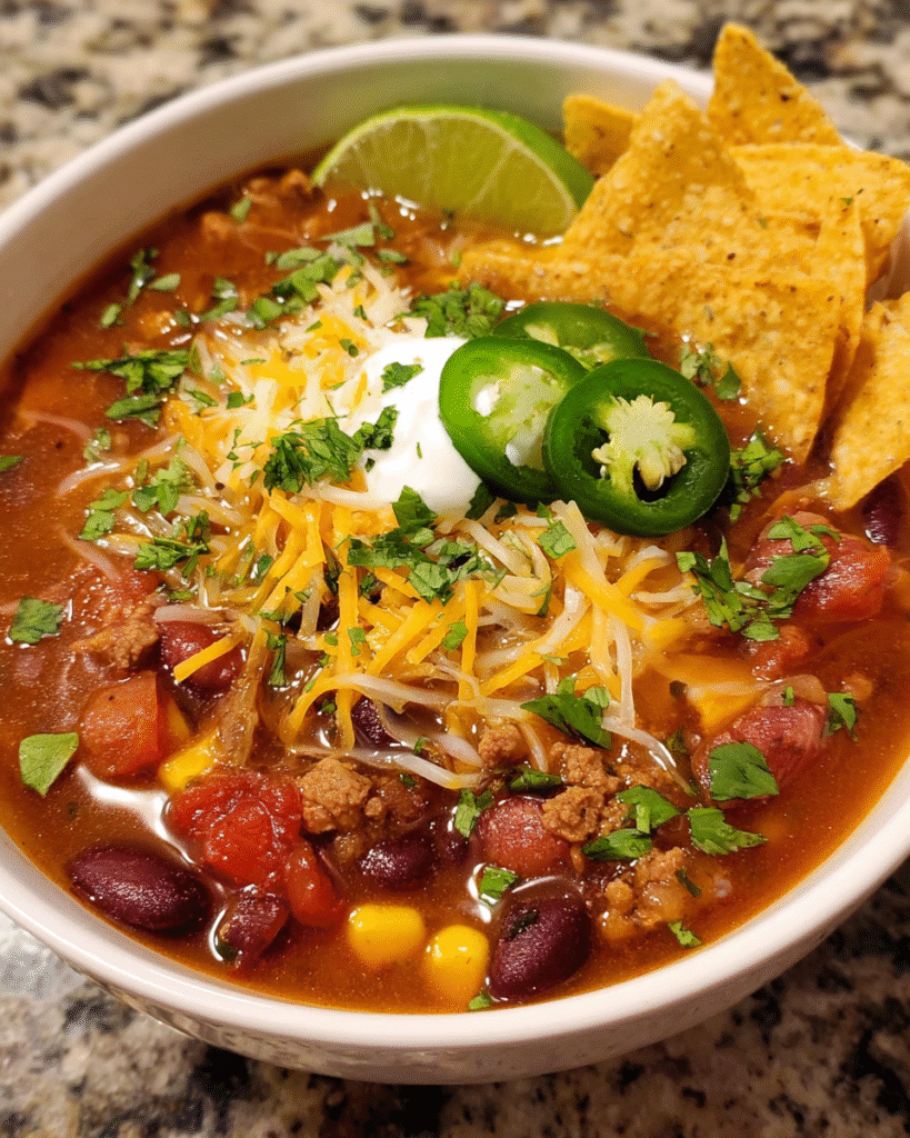 Hearty taco soup with toppings in rustic bowl