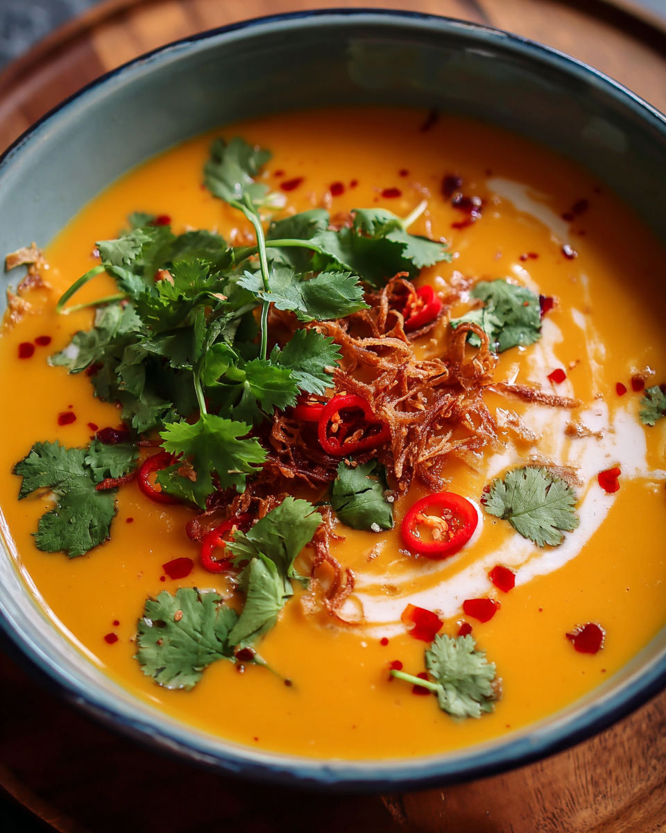Bowl of Thai Coconut Pumpkin Soup with garnishes and flatbread