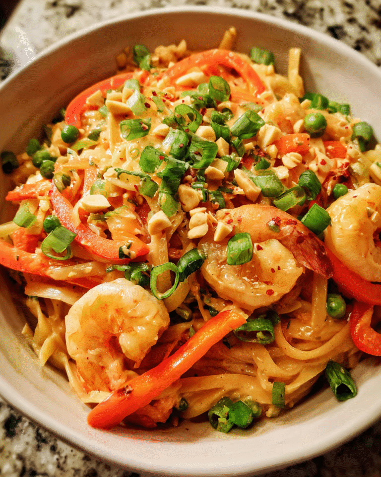 Thai Peanut Sauce Noodles with Shrimp in a bowl with vegetables and creamy peanut sauce
