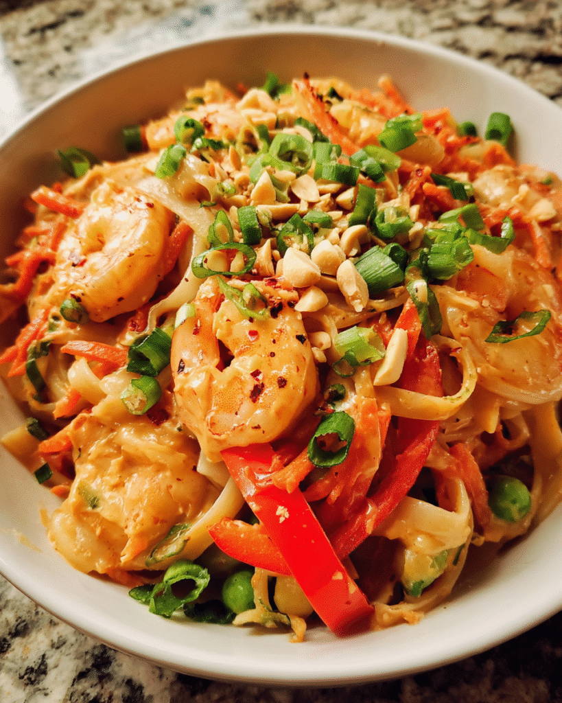 Thai Peanut Sauce Noodles with Shrimp in a bowl with vegetables and creamy peanut sauce
