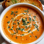 Creamy tomato bisque soup in white bowl with parsley