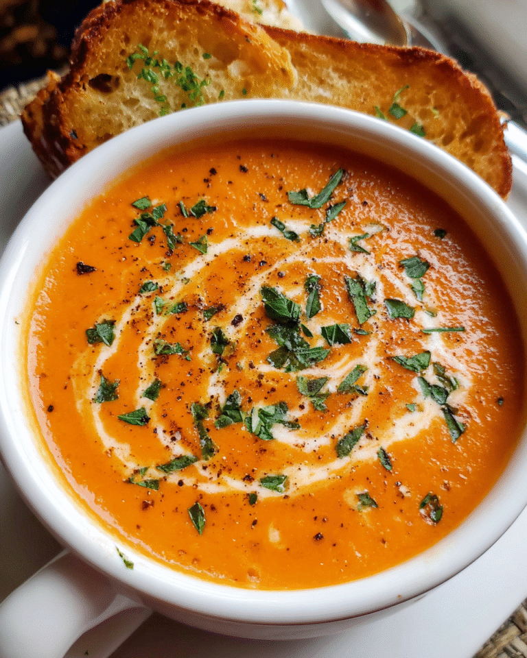 Creamy tomato bisque soup in white bowl with parsley