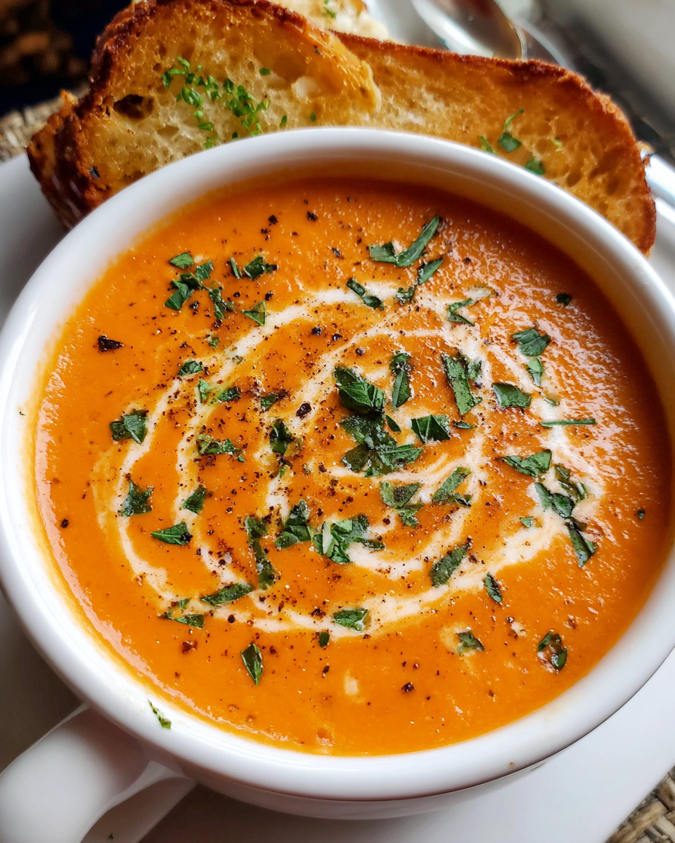 Creamy tomato bisque soup in white bowl with parsley
