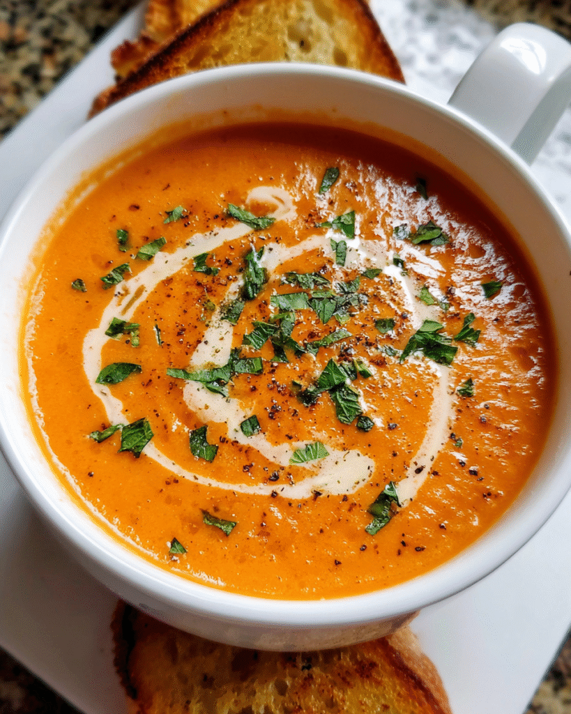 Creamy tomato bisque soup in white bowl with parsley