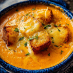 Tomato soup topped with grilled cheese croutons in a bowl