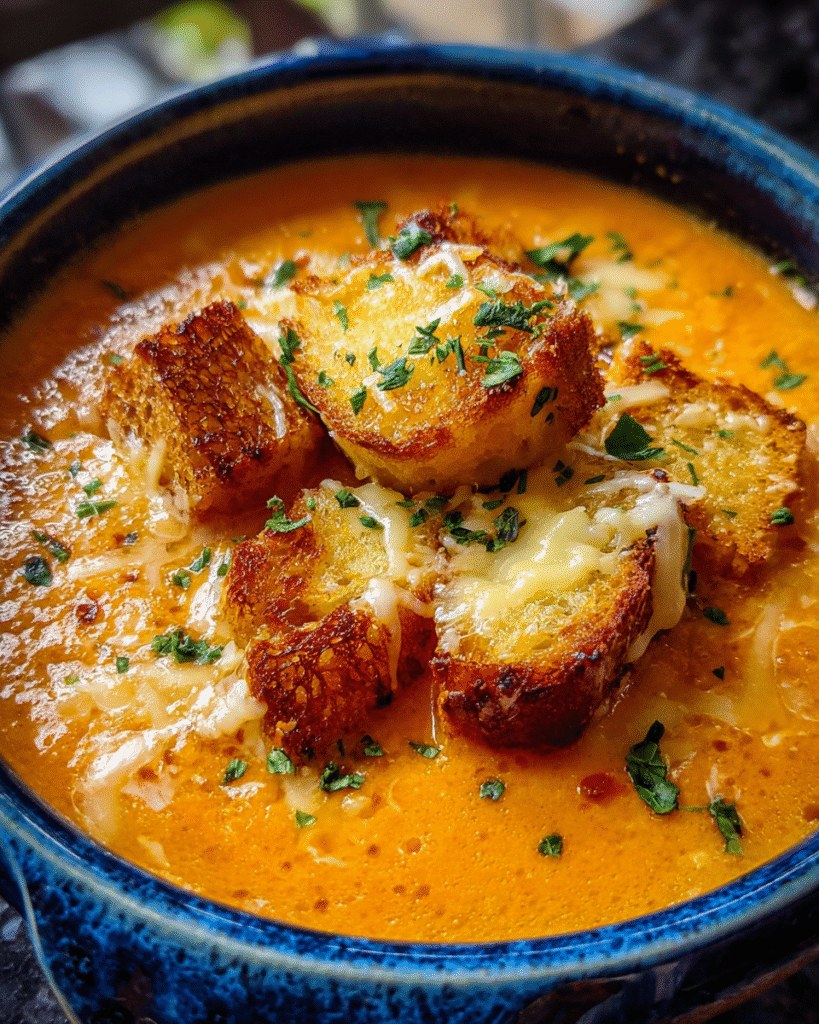 Tomato soup topped with grilled cheese croutons in a bowl