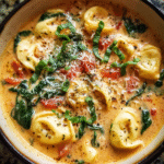 Bowl of creamy tomato tortellini soup with spinach and basil