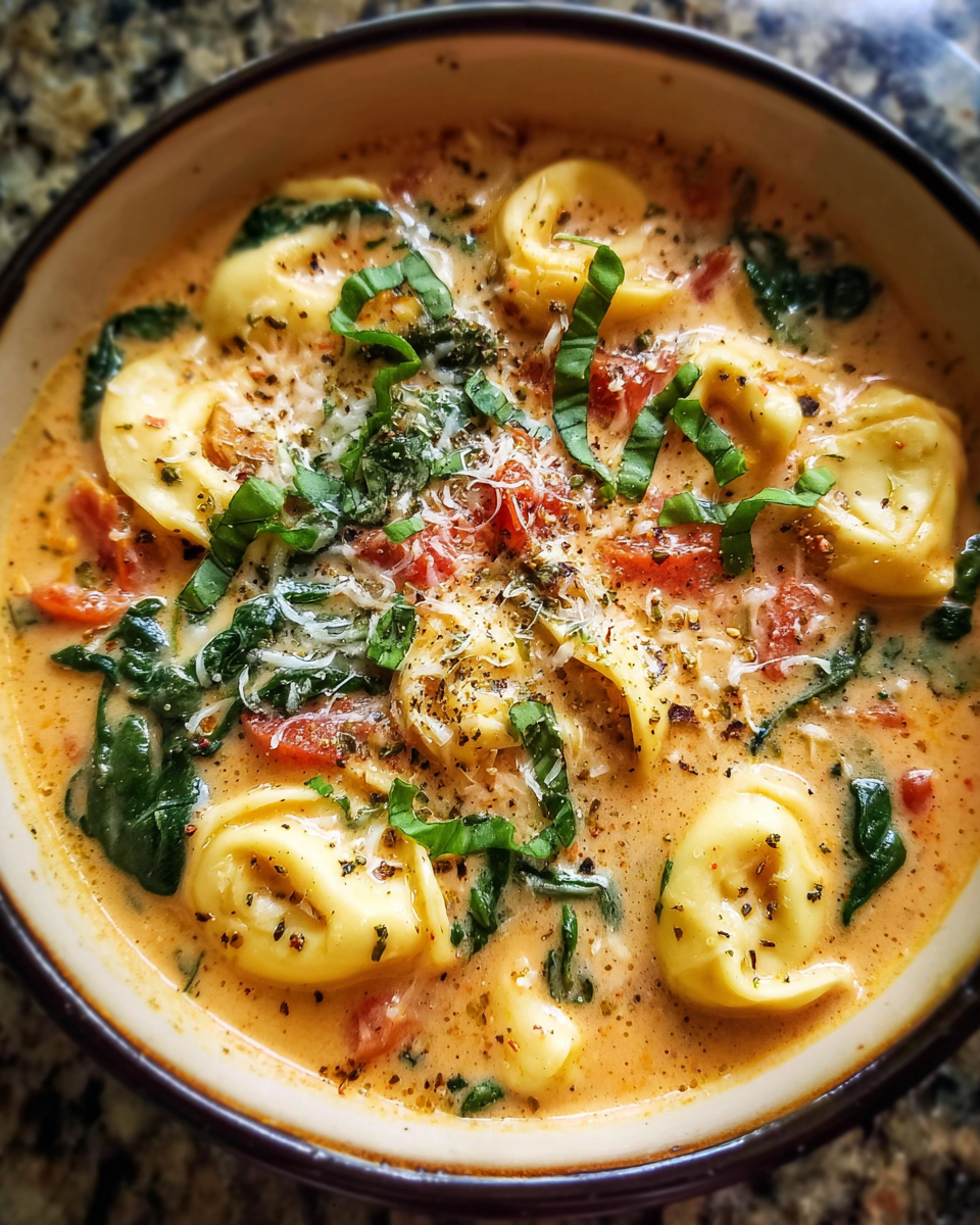 Bowl of creamy tomato tortellini soup with spinach and basil