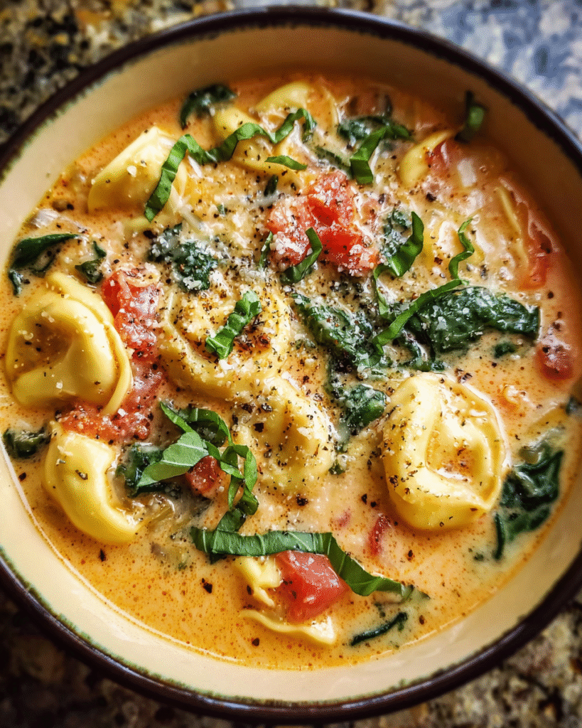 Bowl of creamy tomato tortellini soup with spinach and basil