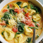 Bowl of creamy Tortellini Spinach Parmesan Soup with spinach and tomatoes