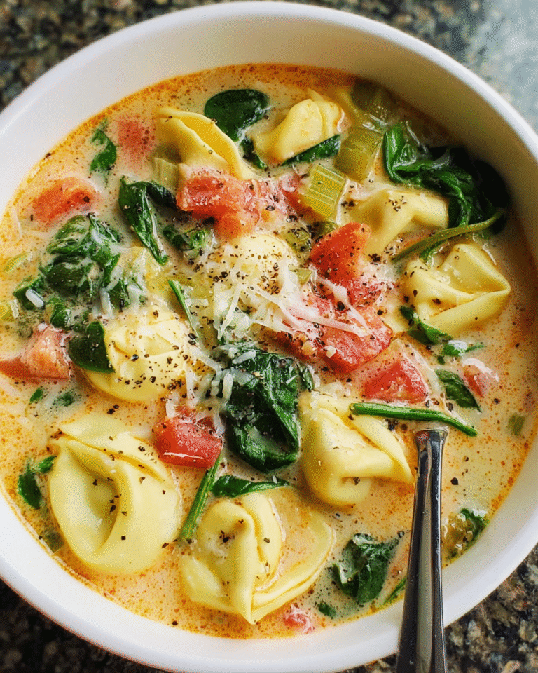 Bowl of creamy Tortellini Spinach Parmesan Soup with spinach and tomatoes
