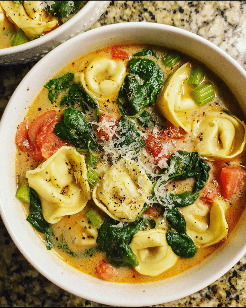 Bowl of creamy Tortellini Spinach Parmesan Soup with spinach and tomatoes