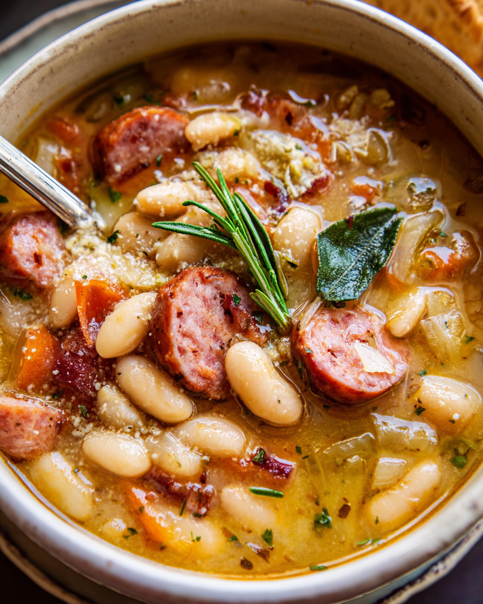 Tuscan bean soup in a white bowl with sausage and herbs