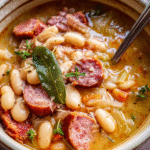 Tuscan bean soup in a white bowl with sausage and herbs