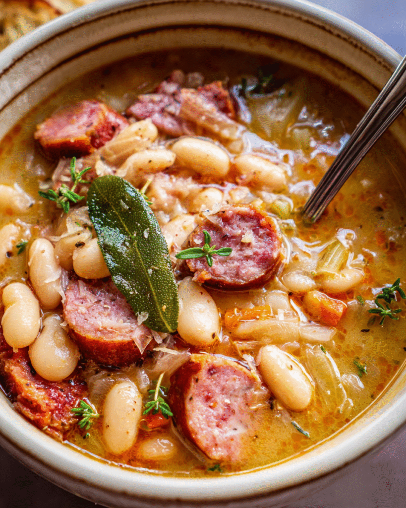 Tuscan bean soup in a white bowl with sausage and herbs