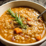 Tuscan farro soup with beans served in a rustic bowl with rosemary