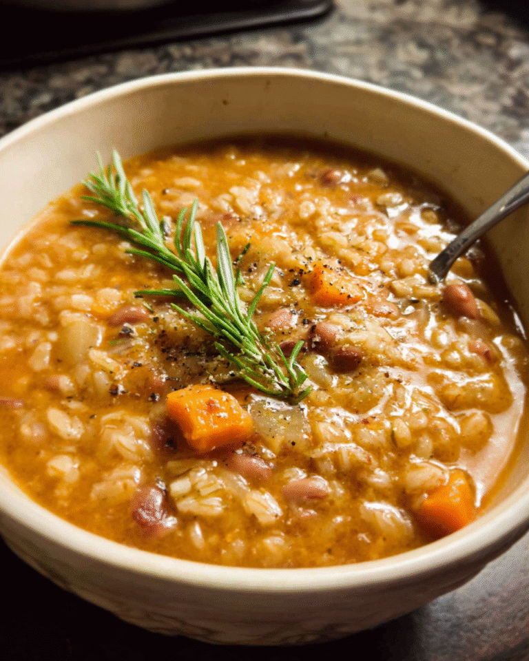 Tuscan farro soup with beans served in a rustic bowl with rosemary
