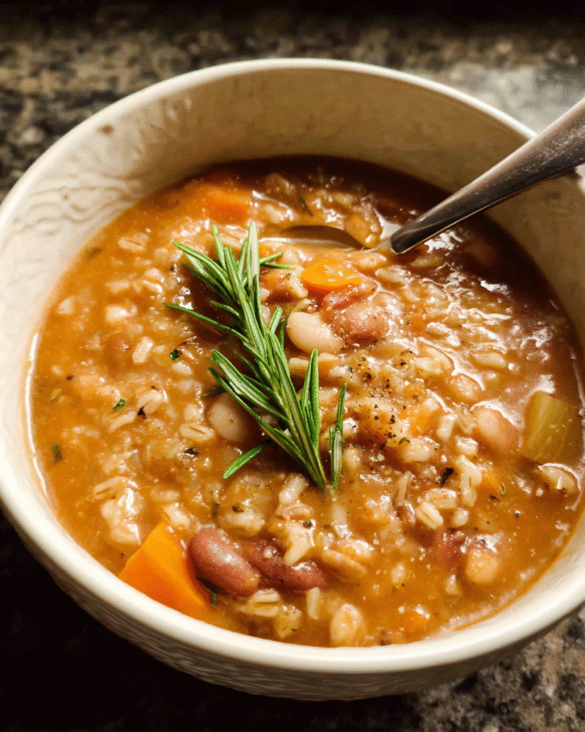 Tuscan farro soup with beans served in a rustic bowl with rosemary