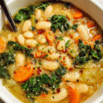 Tuscan White Bean Soup Recipe served in a bowl with carrots, kale, and cannellini beans