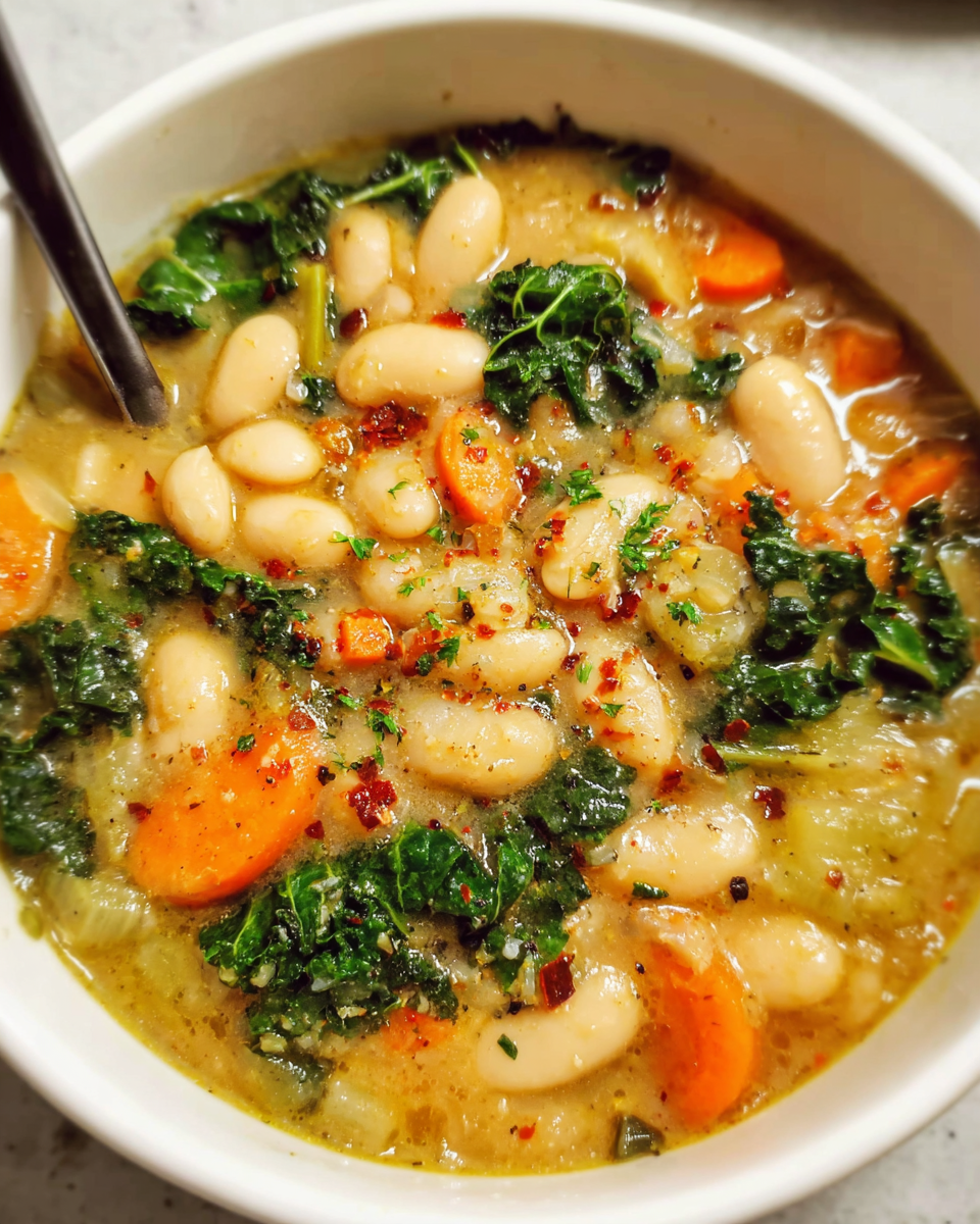 Tuscan White Bean Soup Recipe served in a bowl with carrots, kale, and cannellini beans