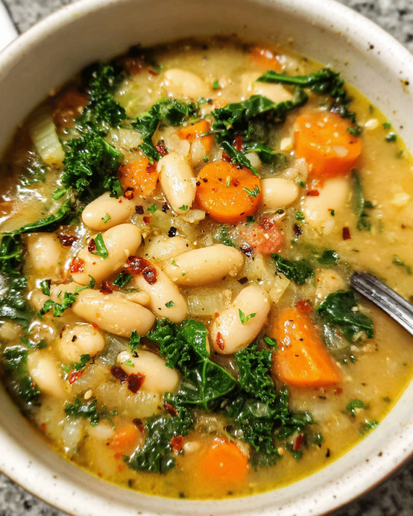 Tuscan White Bean Soup Recipe served in a bowl with carrots, kale, and cannellini beans