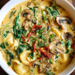 Vegan Tuscan Soup with Mushrooms in a bowl with spinach and pasta