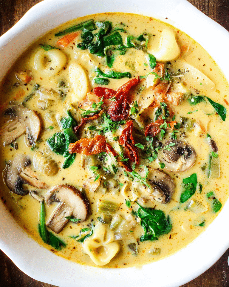 Vegan Tuscan Soup with Mushrooms in a bowl with spinach and pasta