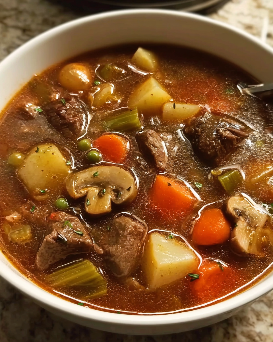 Vegetable beef soup in rustic bowl with bread and vegetables