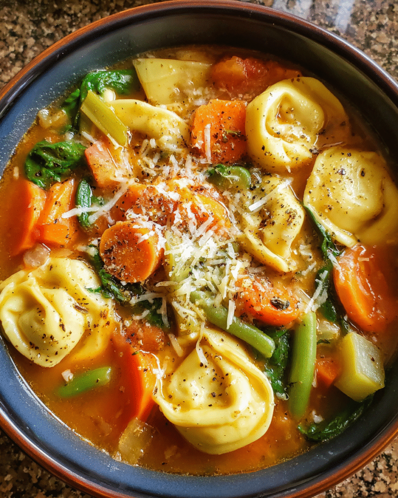 creamy vegetable tortellini soup in rustic bowl