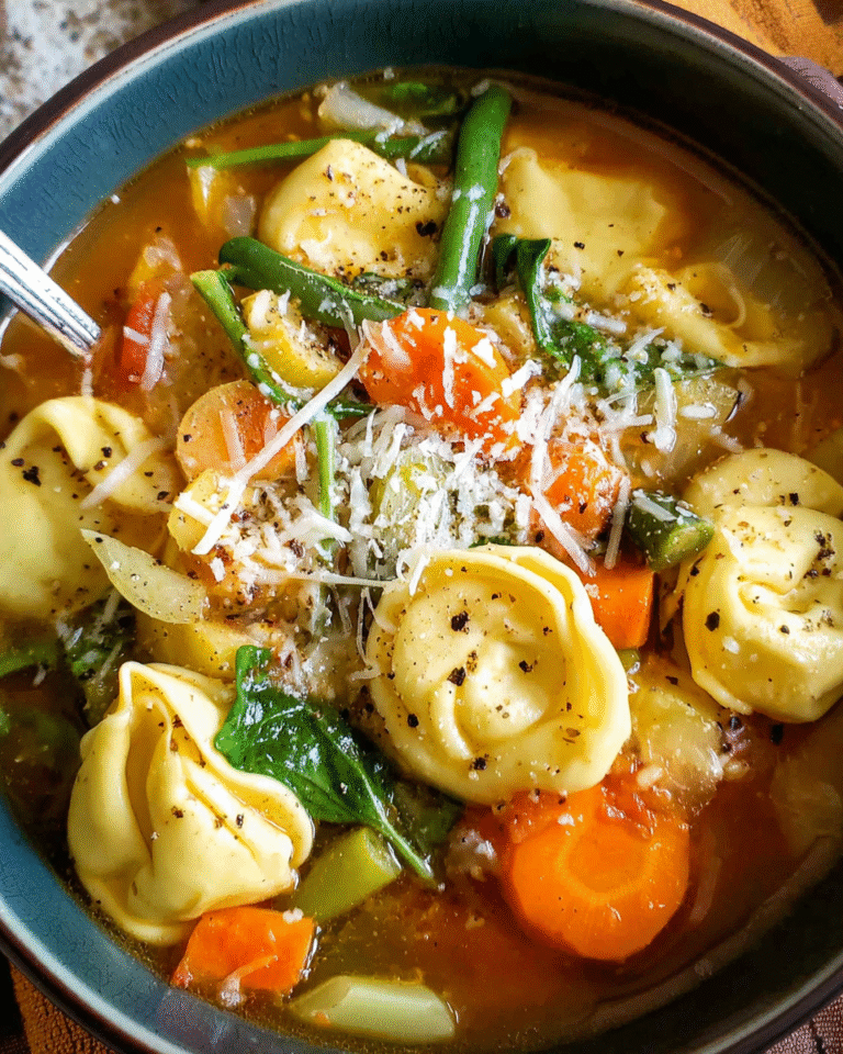 creamy vegetable tortellini soup in rustic bowl