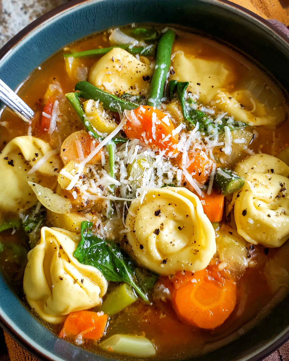 creamy vegetable tortellini soup in rustic bowl