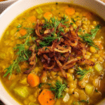 vegetarian split pea soup in rustic bowl