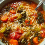 Veggie Orzo Soup in a bowl with vegetables and pasta